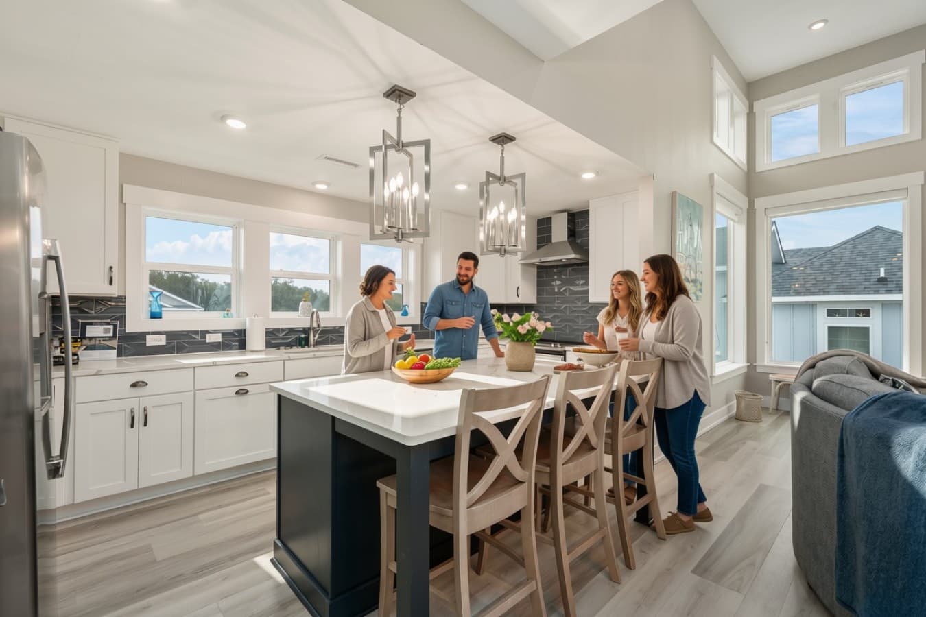 Expansive kitchen & dining area w/ island seating, ideal for meals & gatherings.