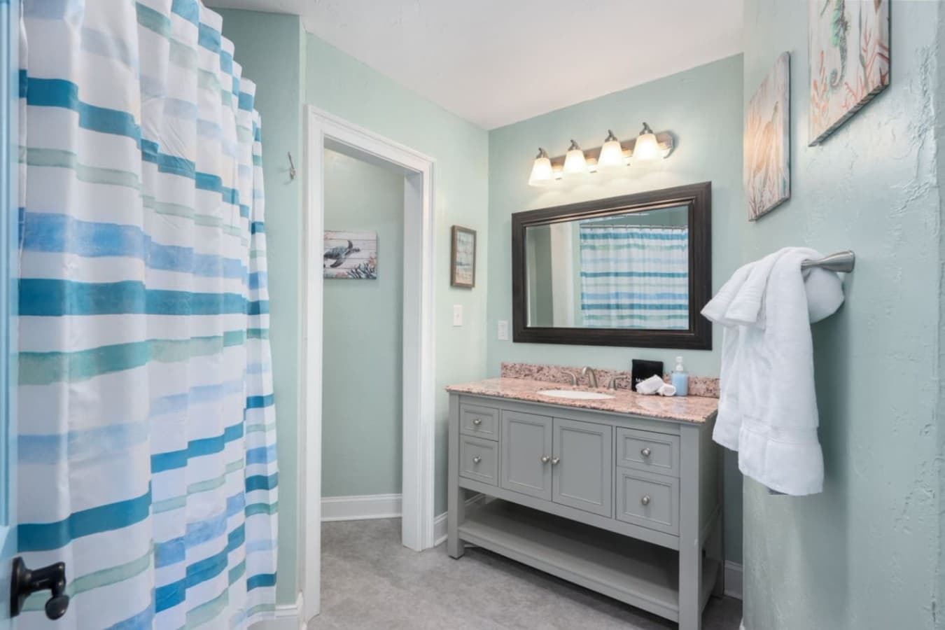 Bathroom vanity w/ ample counter space, bright lighting, & fresh blue accents.