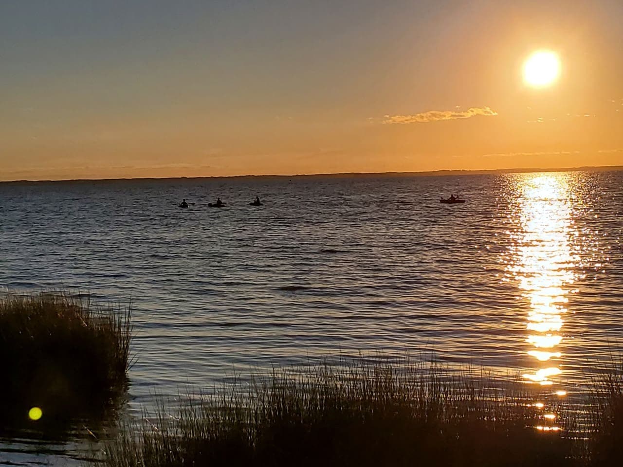 Sunset on the sound w/ a golden light path across the water & marsh grass in the foreground.