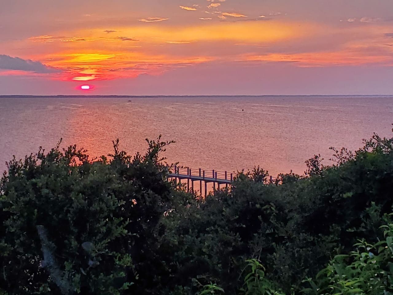 Sunset colors over the sound w/ the neighboring pier below the treeline.