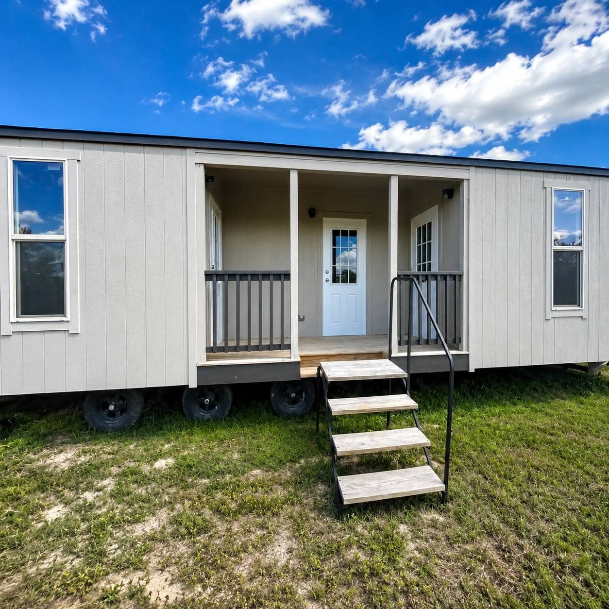 Exterior of Tiny Home - Each Side is a Room - Center Door is Laundry Separating Rooms