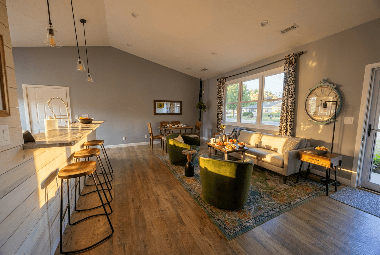 Light and bright living space, fully open concept for socializing and relaxing.