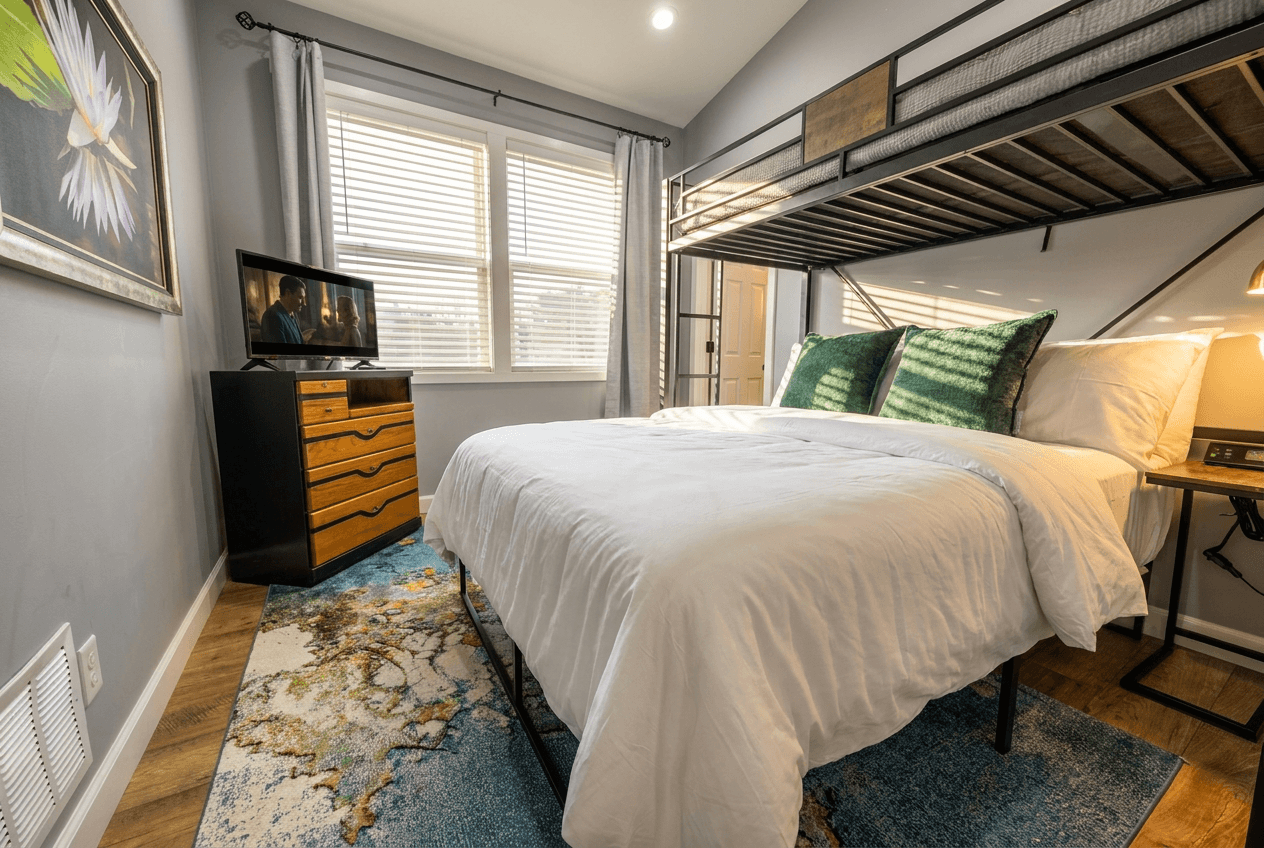 Queen bed with twin loft above. TV, blackout curtains and USB plugs.
