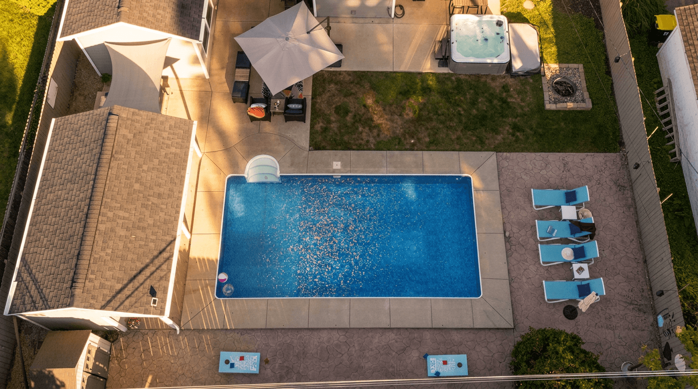 Fully fenced rear yard space, pool, chaise lounges, hot tub, dining, lounge seating and pool house.