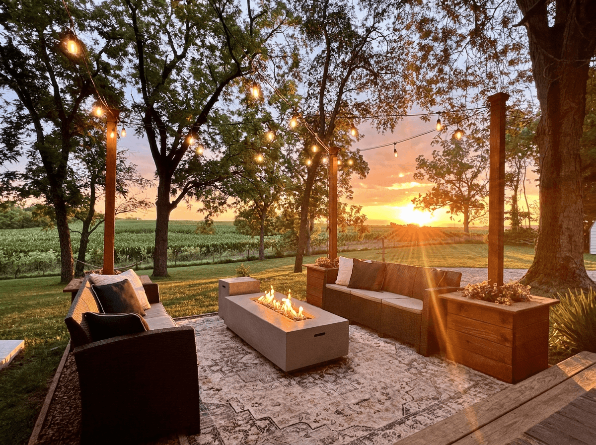 Magical patio area featuring an easy light propane fire table and comfortable lounge seating plus edison lighting for evening chill time.