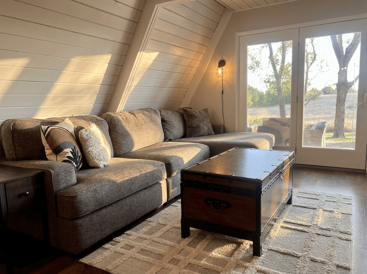 Comfortable deep seat sofa, exit to patio and hot tub and 50" TV.