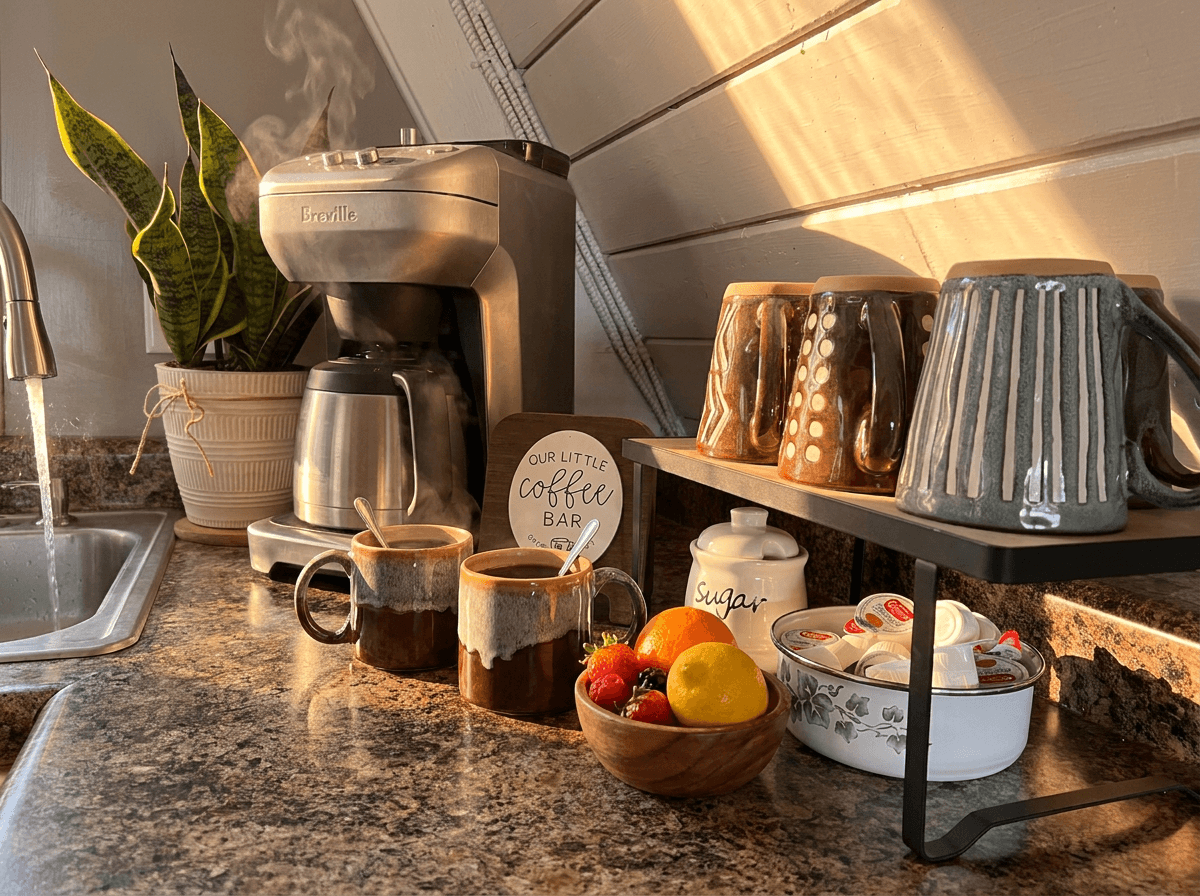 Coffee bar offering drip, grinder or easy to use Keurig. Starter K-Cups provided along with sugar and cream.