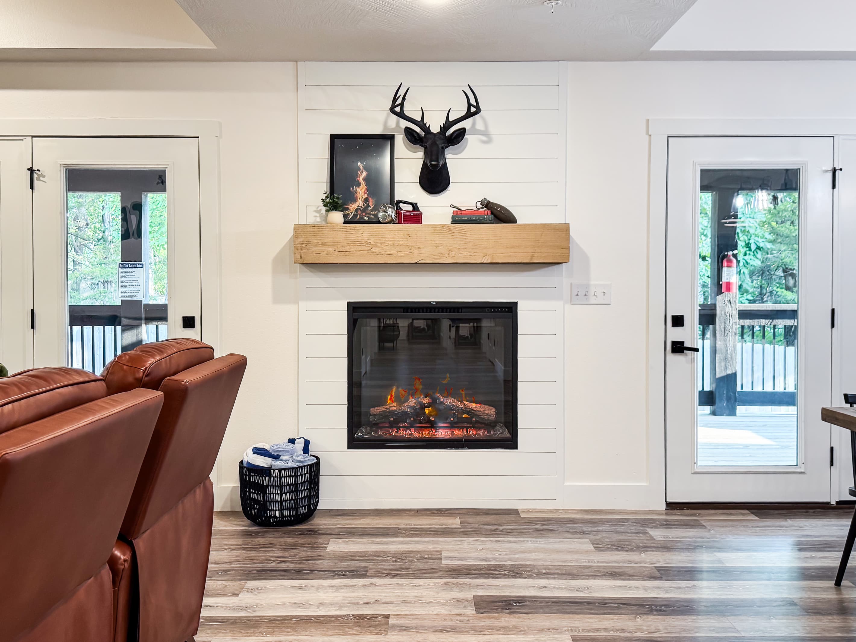 Electric fire place with deck access on both sides