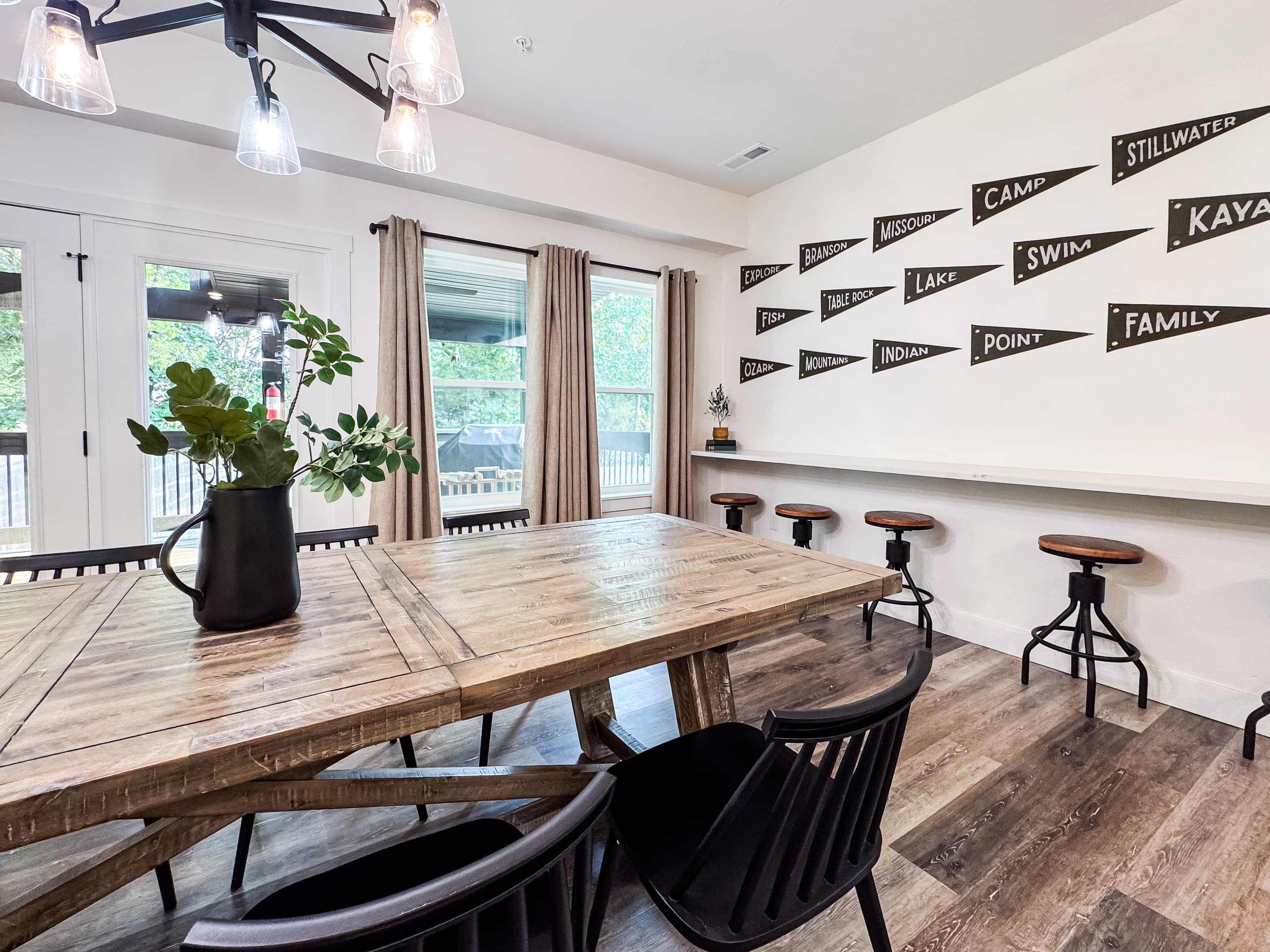 "Lots of seating space in living area and kitchen. Kitchen is amazing with all utensils and appliances needed to feed the family and very upscaled. Large deck to enjoy with grill."Stephanie (AR)