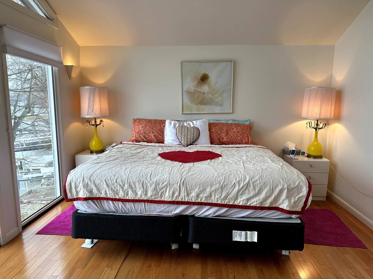 wide view of master bedroom...heart on bed for Valentines' Day