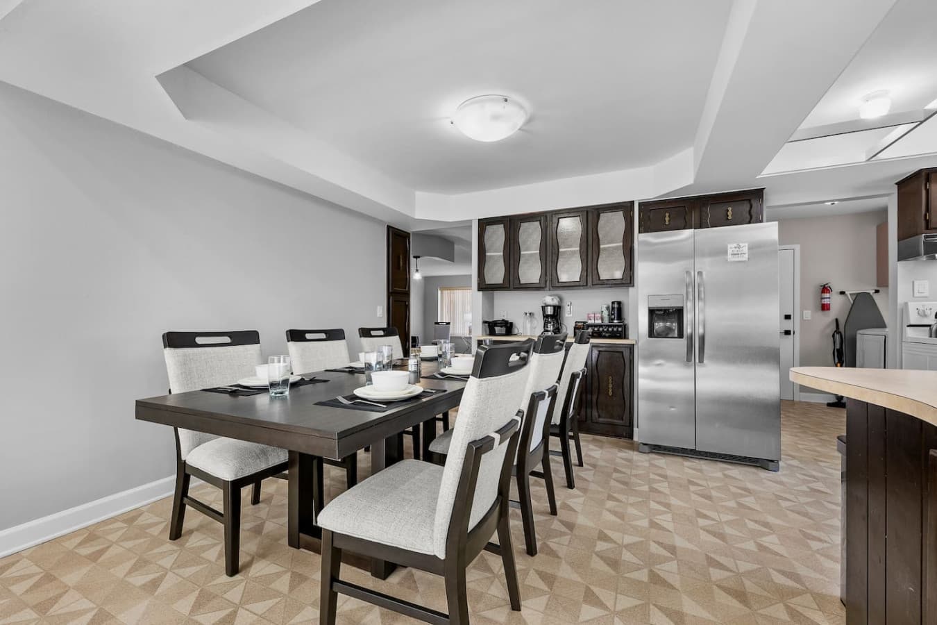 A bright dining room with seating for the whole group.