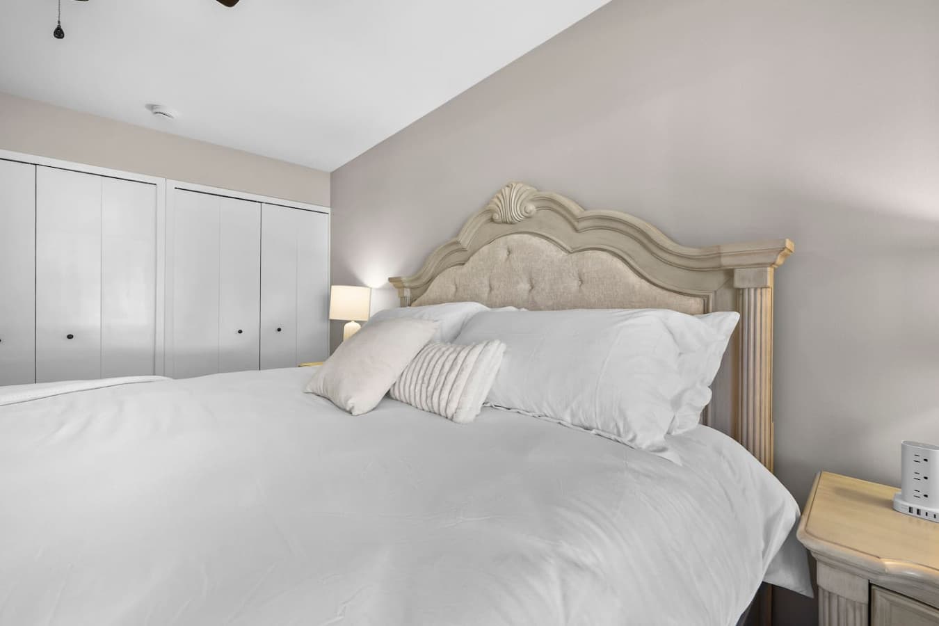 A cozy sleeping space with plush bedding for a restful night.