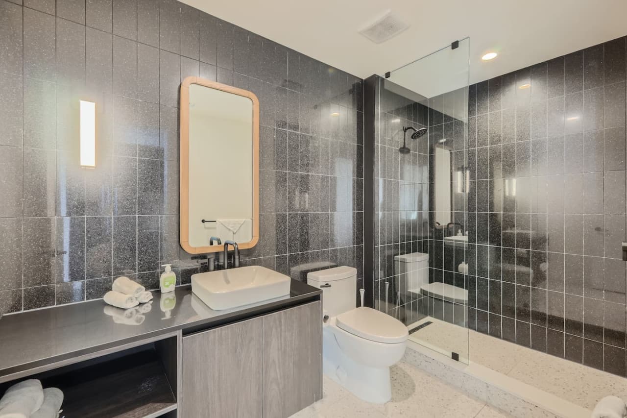 Bathroom with a step-in shower.