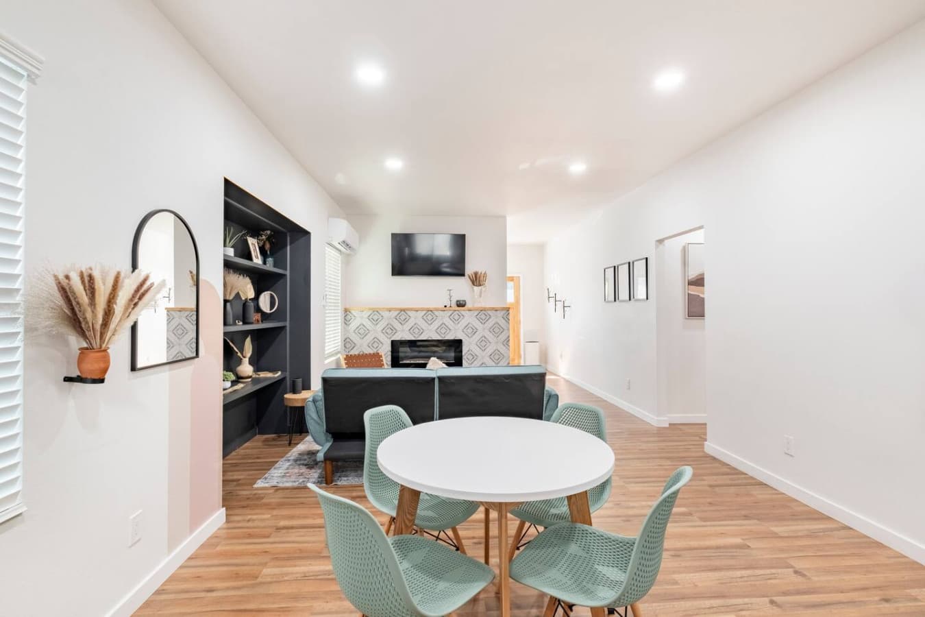 Enjoy a movie while sitting at the dining table.