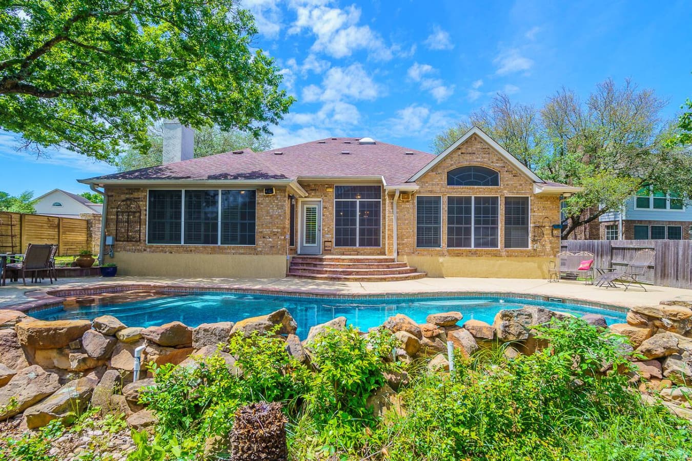 Take a dip in the private backyard pool.