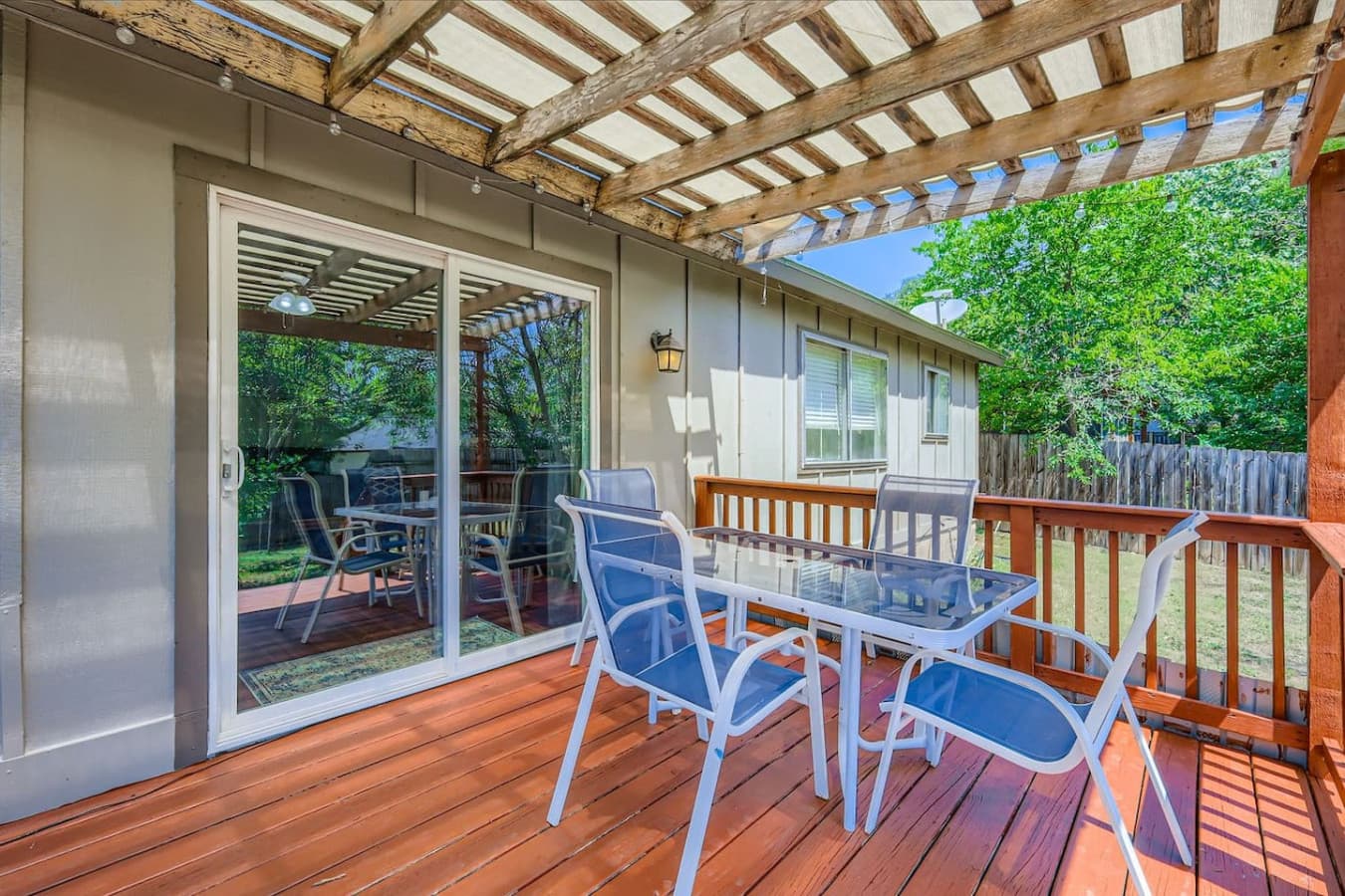 Back patio with outdoor seating.