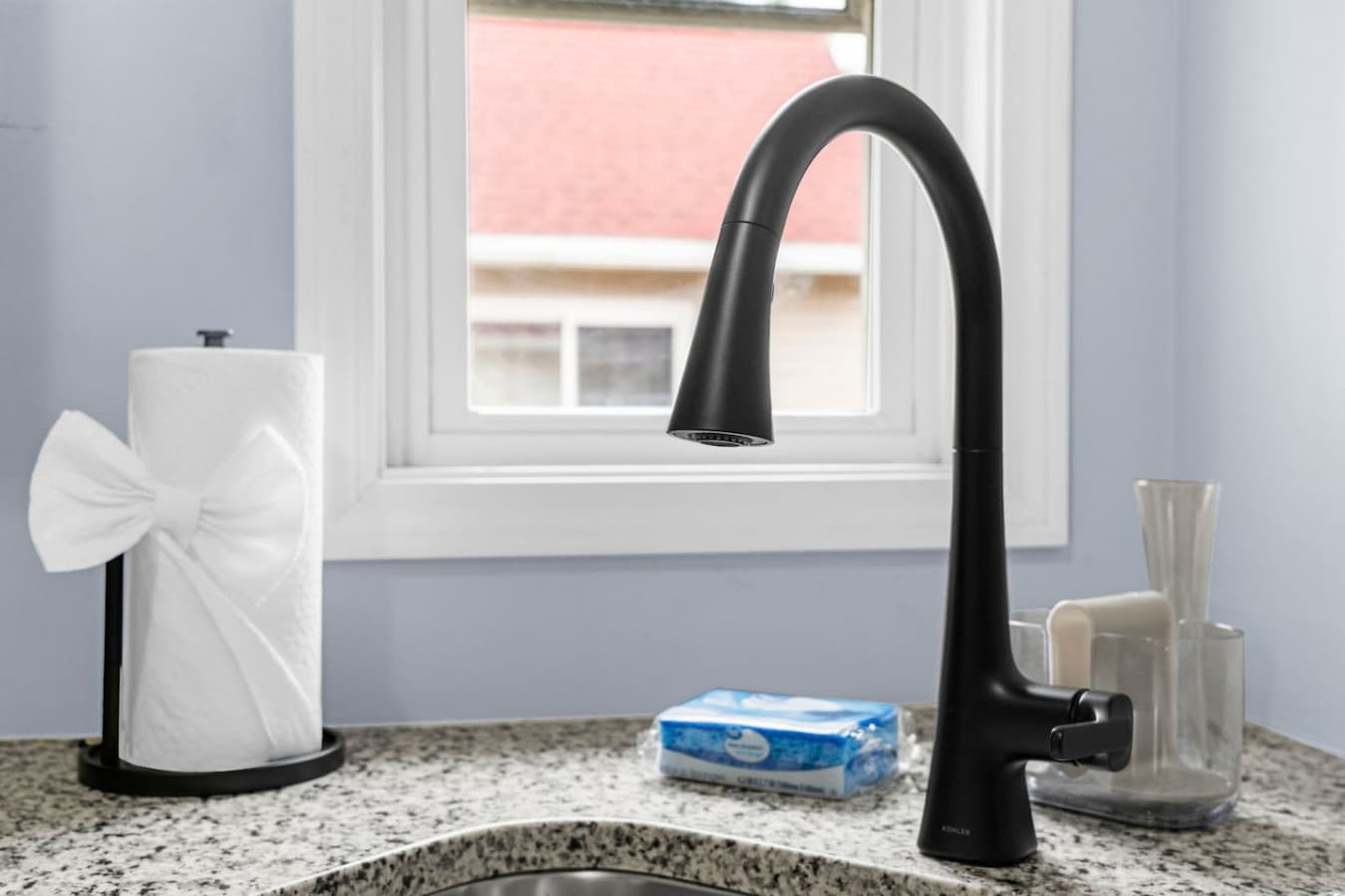Close view of the sink area with natural light.
