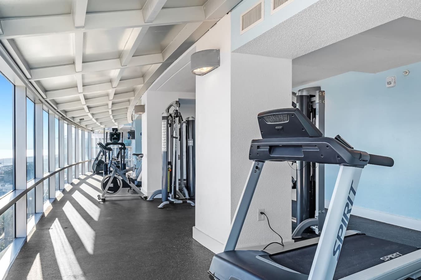 Enjoy the gym, a building amenity.