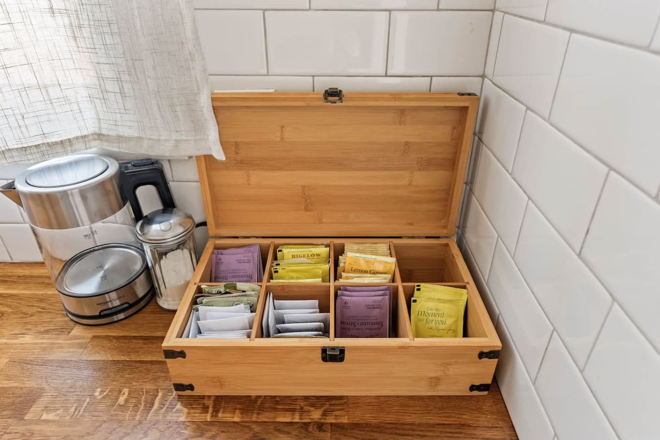 Thoughtfully organized tea and coffee station for slow mornings and relaxing evenings.
