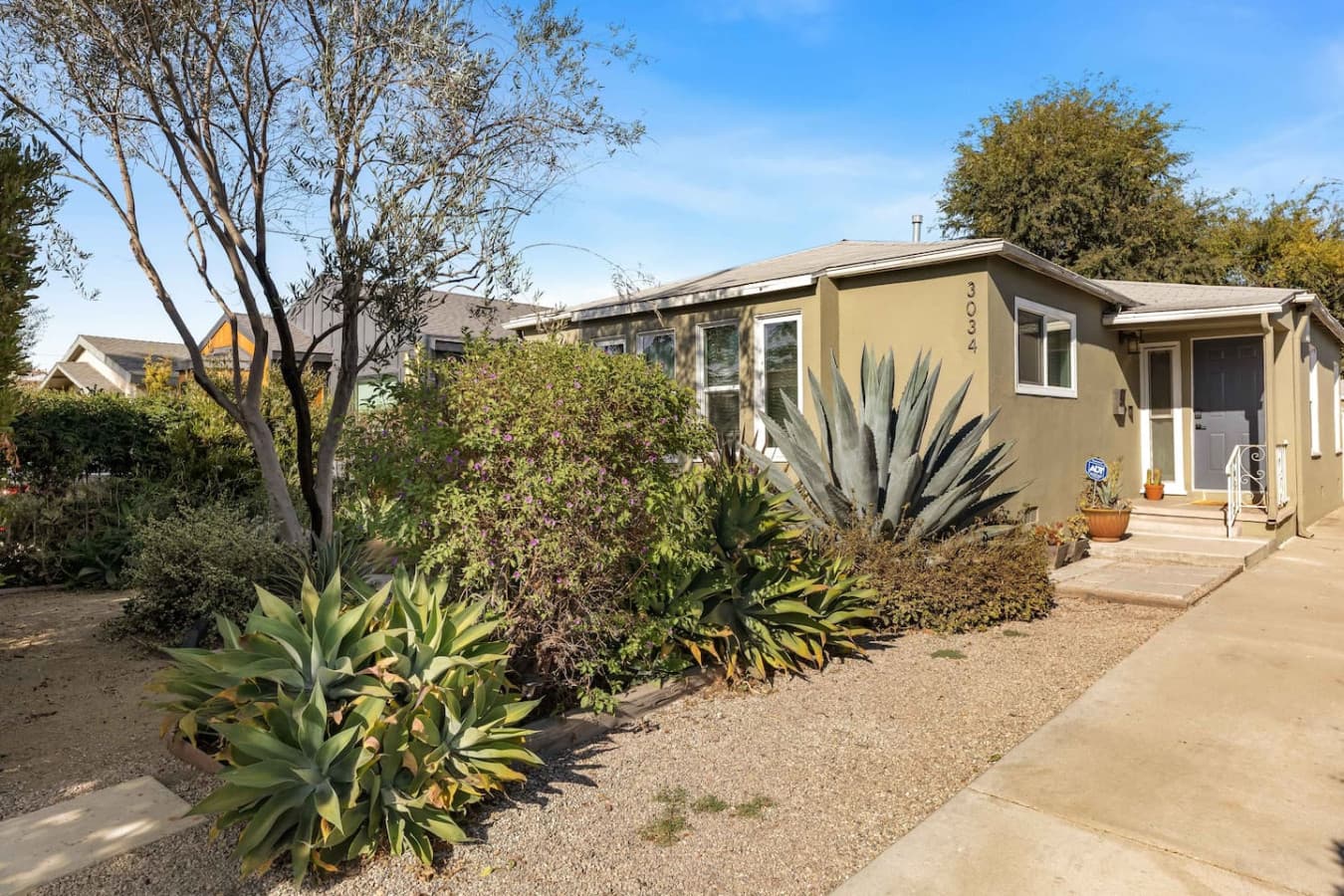 Welcoming front yard with drought friendly plants and mature trees.