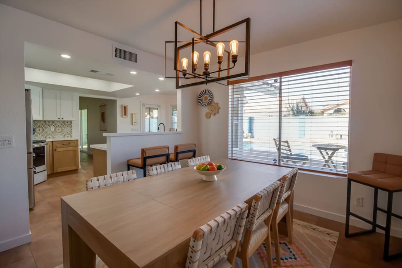 Large dining table ideal for group meals and gatherings.