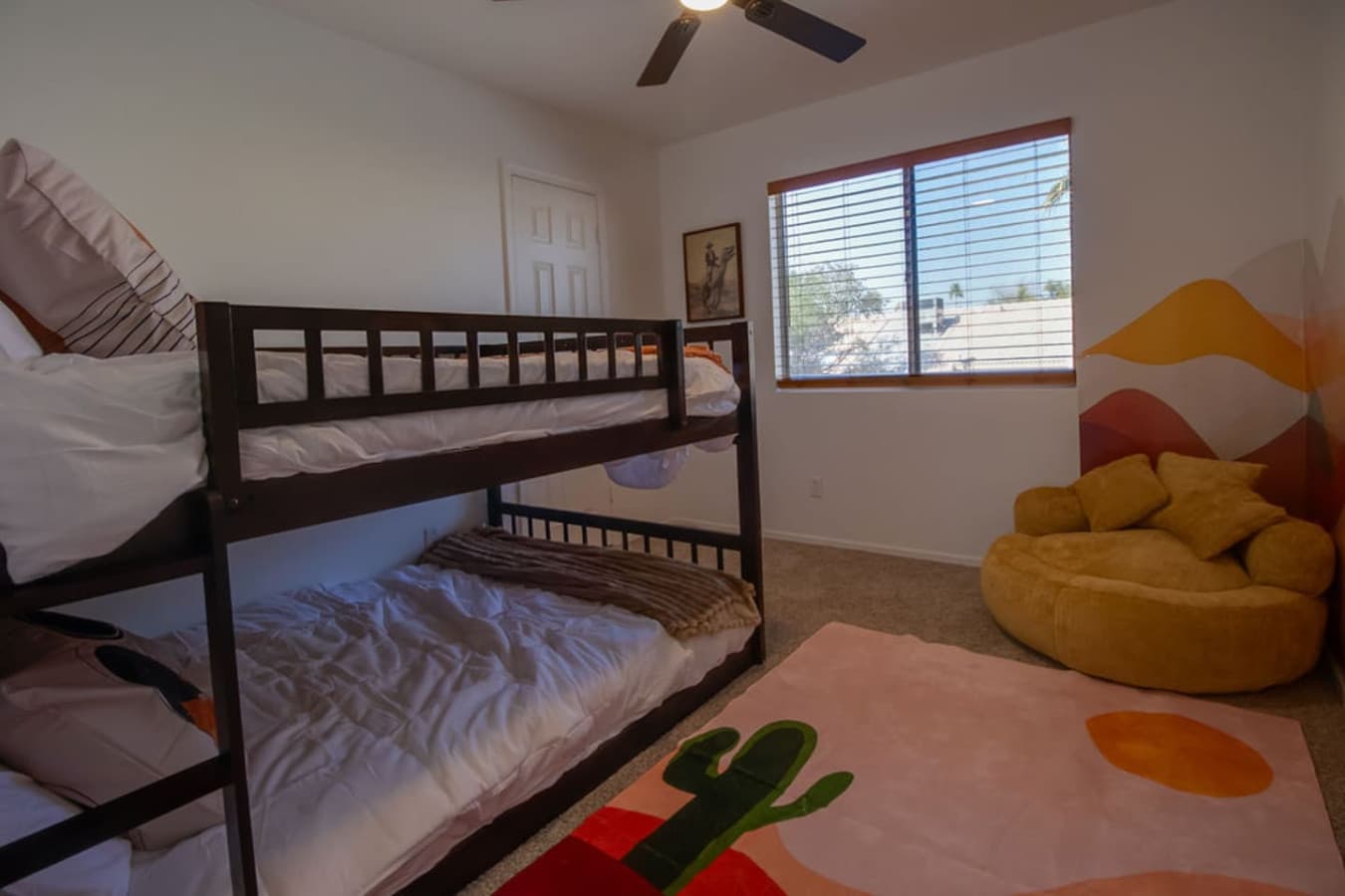 Fun bunk room designed for kids or group stays.