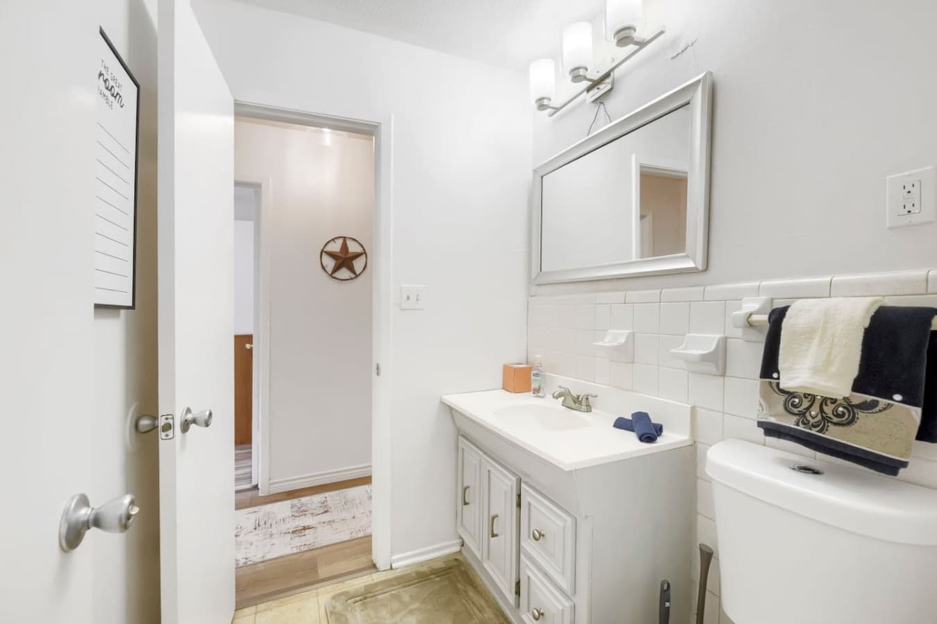 Bright vanity area with extra space to get ready comfortably.