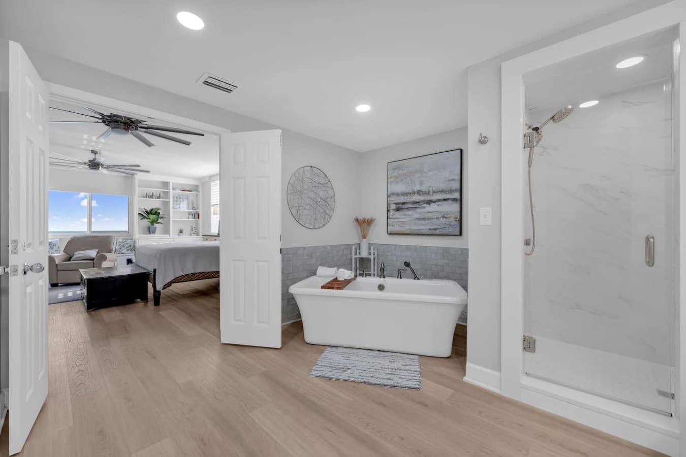 Spa inspired bathroom with soaking tub and walk in shower.