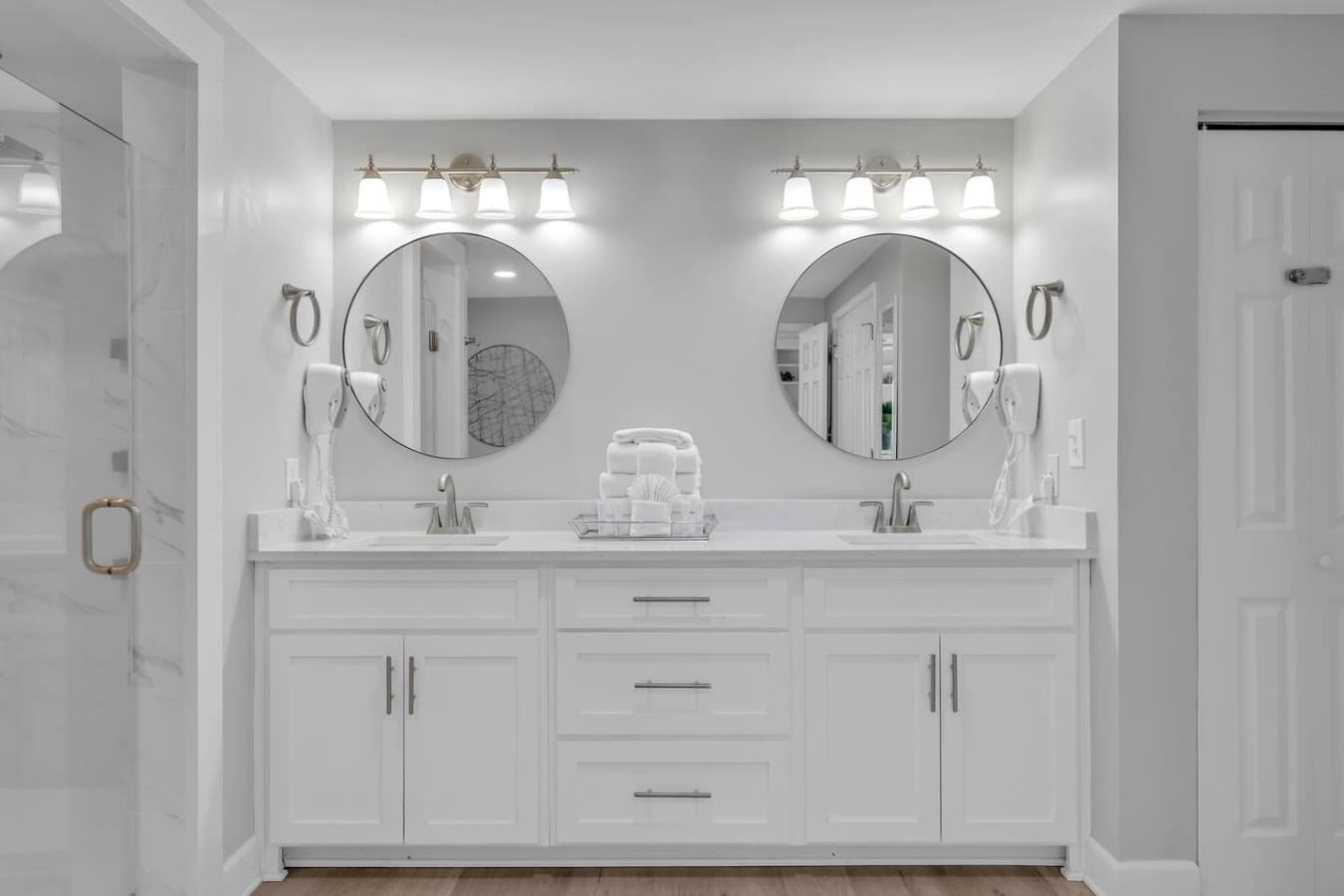 Double sink vanity with ample space for getting ready.