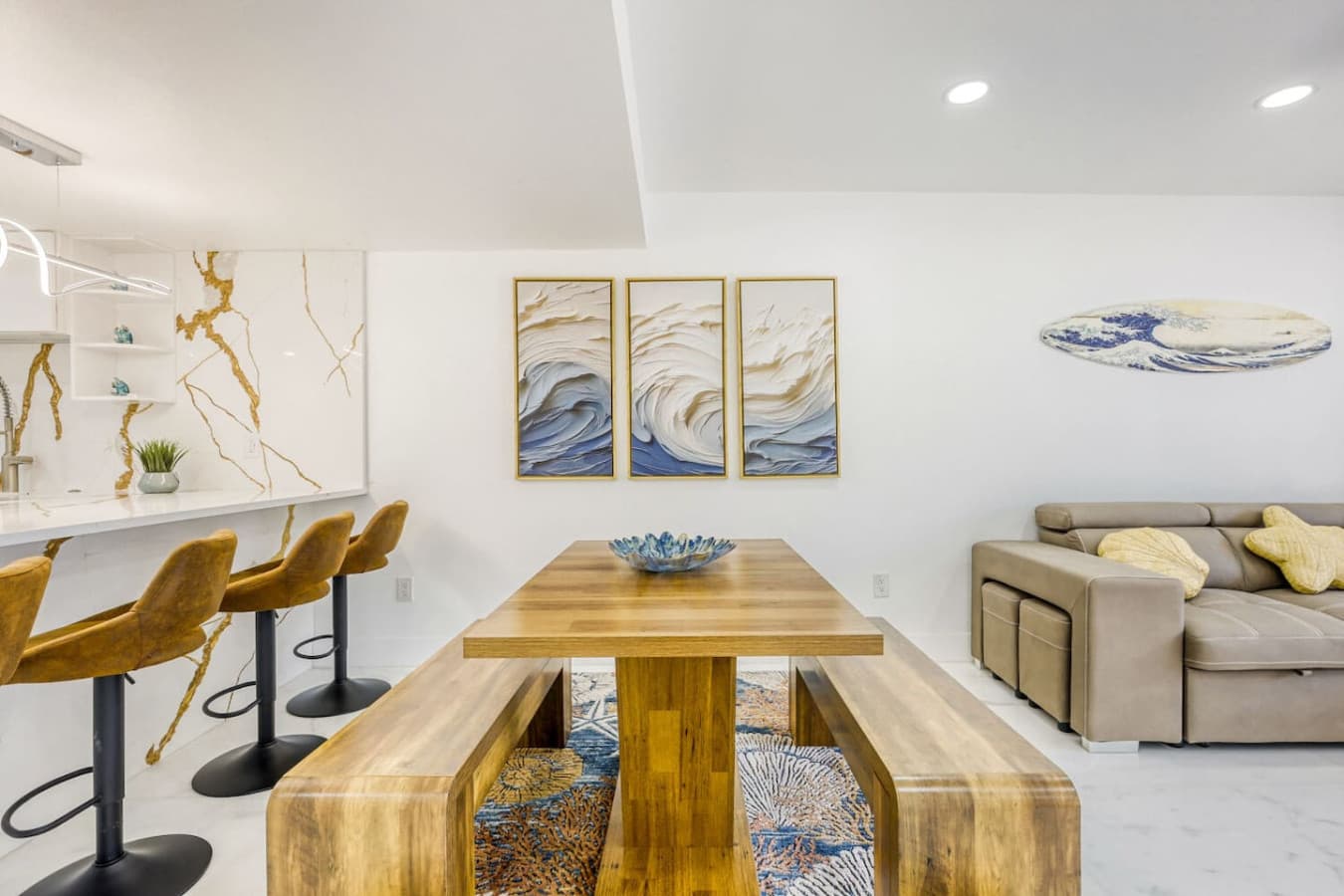 Bright dining space with seating for gathering and shared meals.