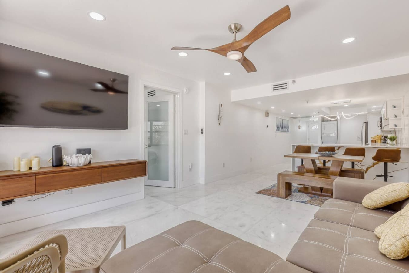 Open living space with smart tv and modern layout.