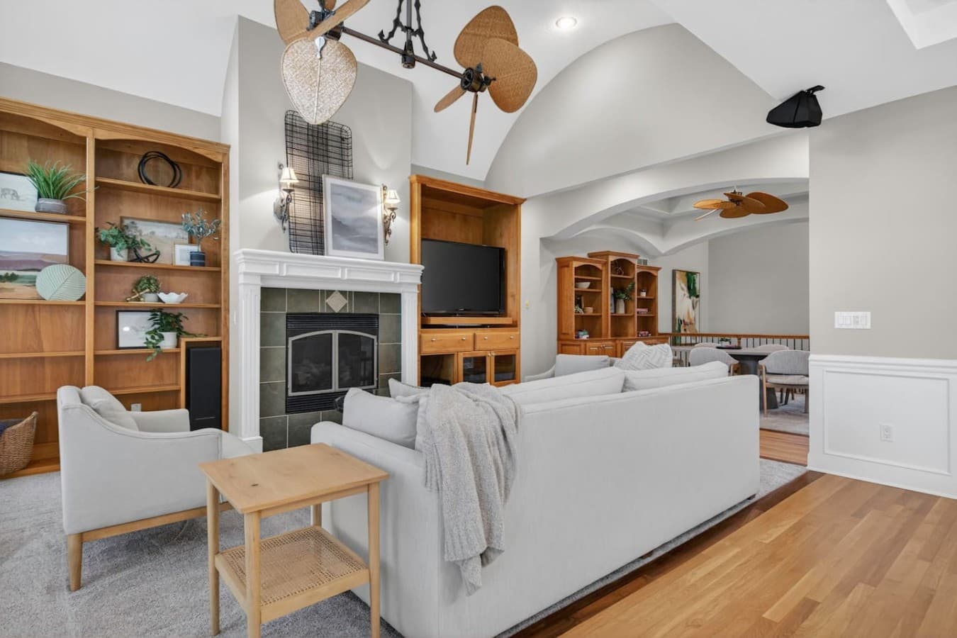 Spacious gathering space with built in entertainment center and comfortable sectional seating.