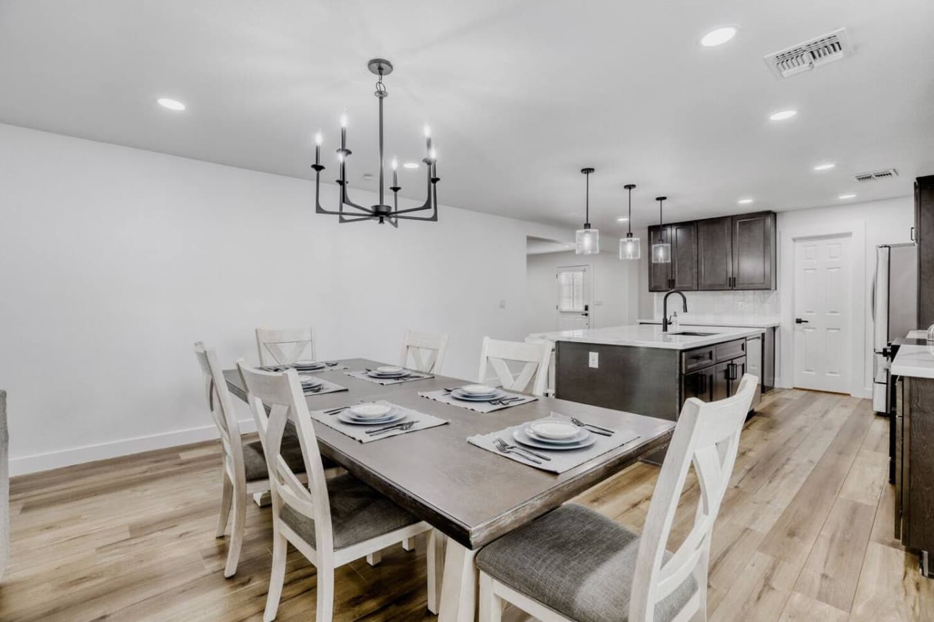Dining table set for group meals.