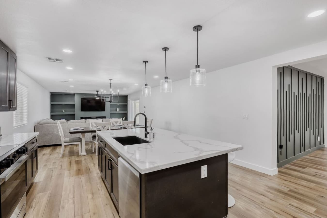 Kitchen island with seating and bright open layout.