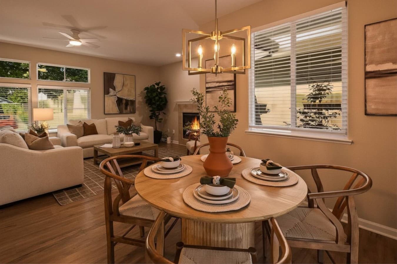 Warm dining space with cozy lighting and an inviting open concept layout.