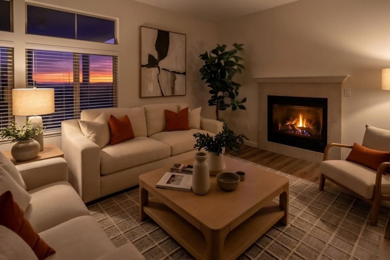 Relaxing evening ambiance with a warm fireplace and inviting lounge space.
