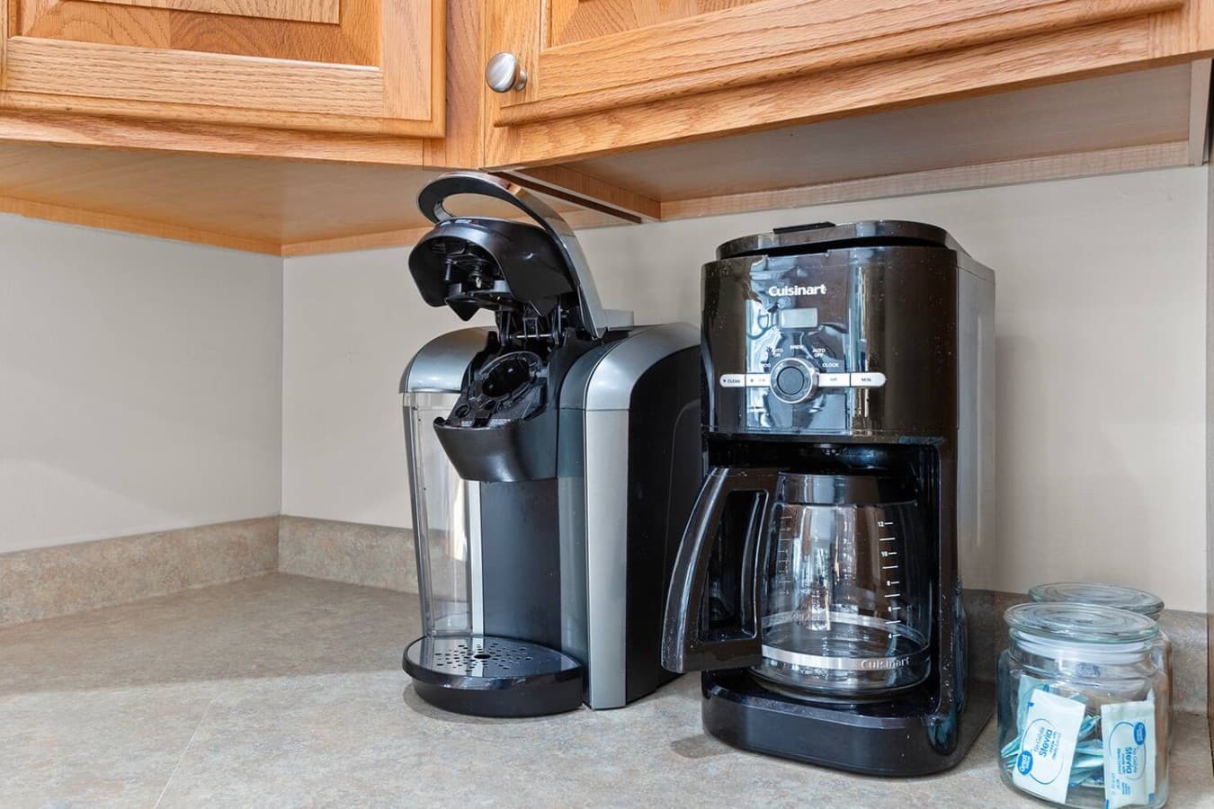 Coffee station with both single serve and full pot options for easy mornings.