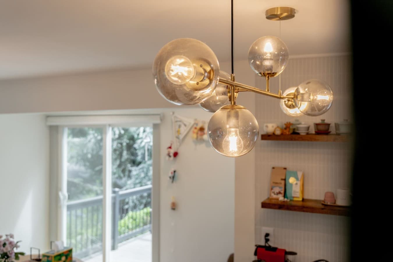 Modern statement lighting adds a stylish touch.