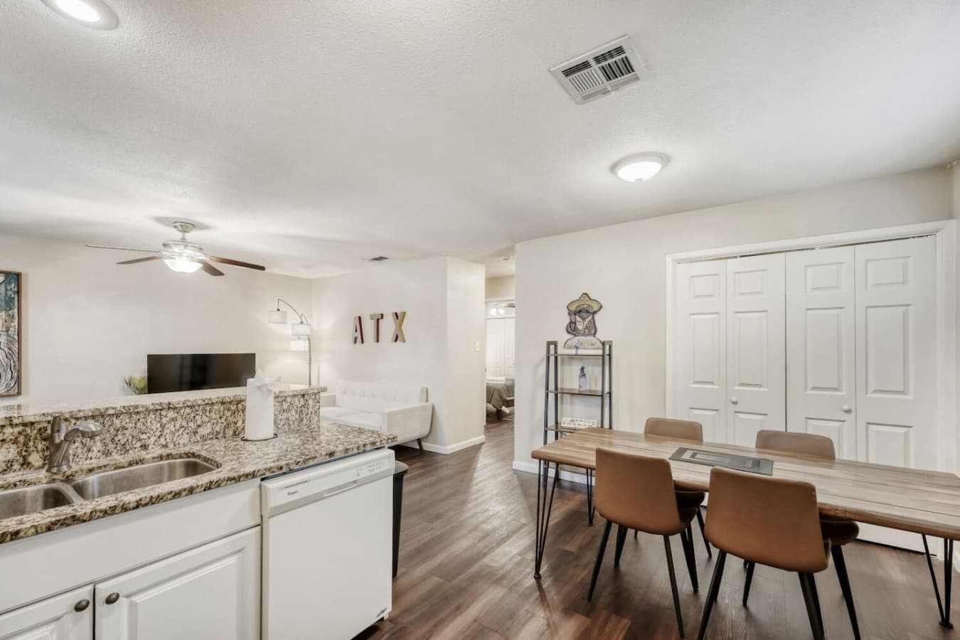 Open living and dining area layout.