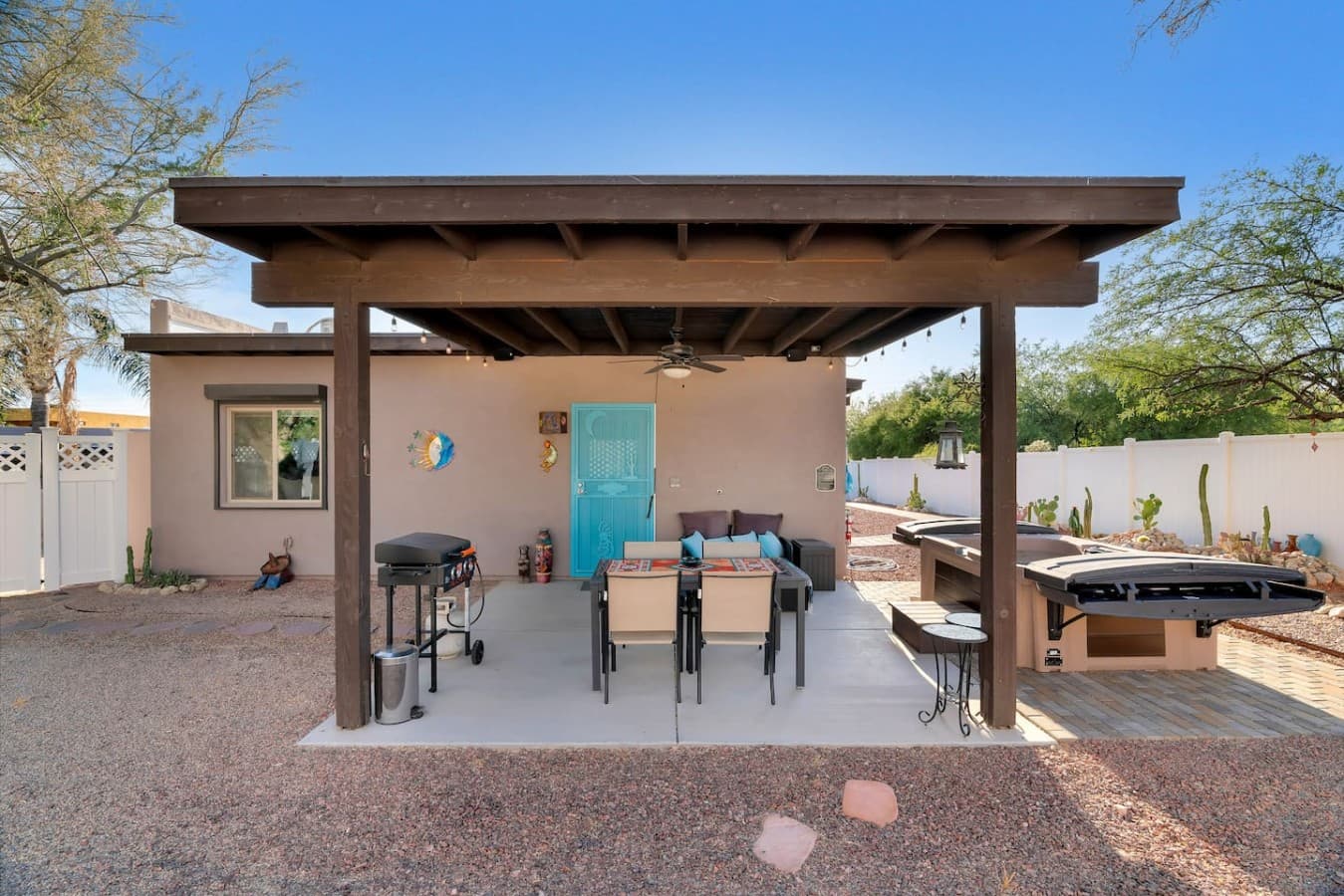 Moon Dance Casita; Private spacious patio with seating and bar area for gatherings.