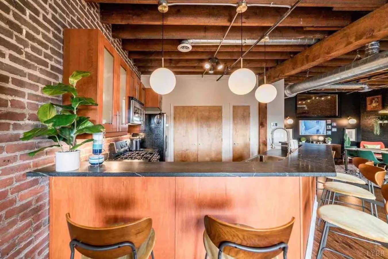 Bar seating with an open view into the living space.