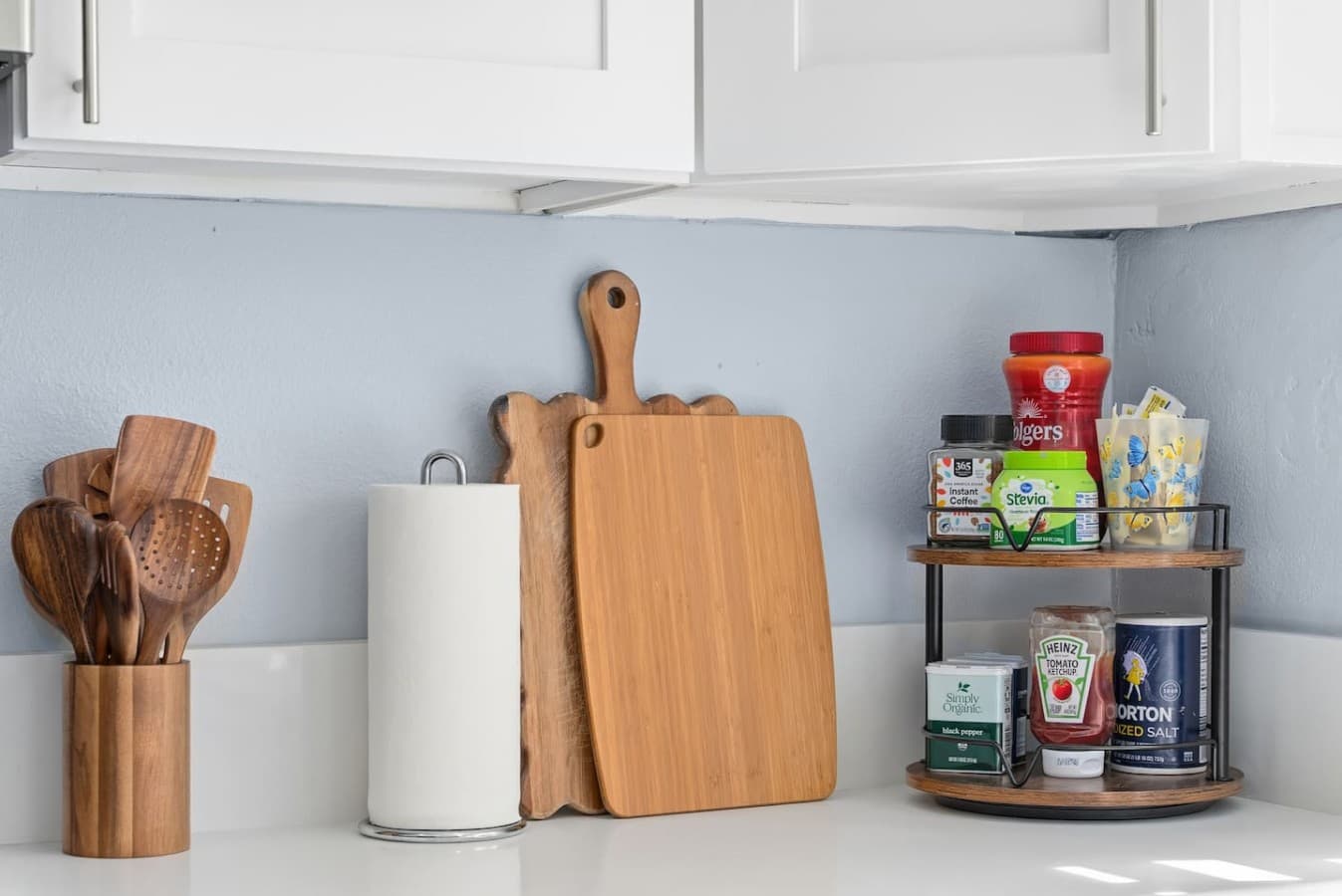 Kitchen essentials thoughtfully arranged for easy meal prep.