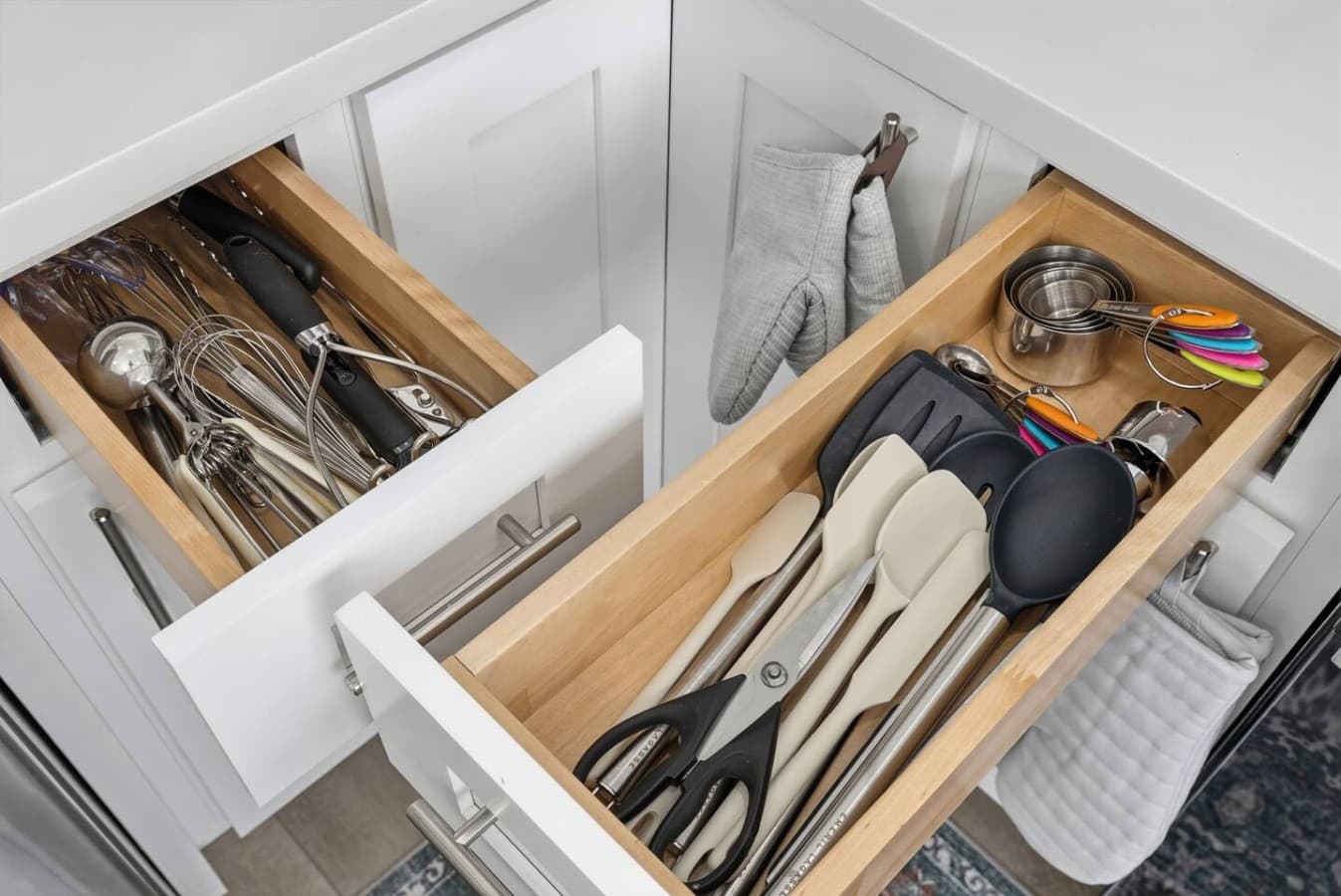 Fully stocked kitchen tools and cooking essentials.