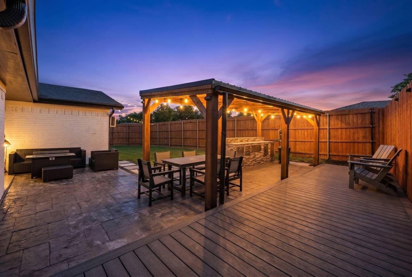 Covered outdoor pavilion with dining seating, ambient lighting, and plenty of space for memorable evenings under the stars.
