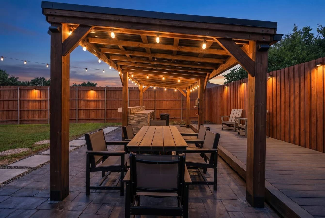 Gather with family and friends around the outdoor dining table beneath warm string lights and a charming covered patio.