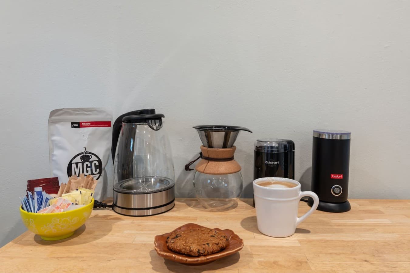 Enjoy a fresh cup from the stocked coffee and tea station.