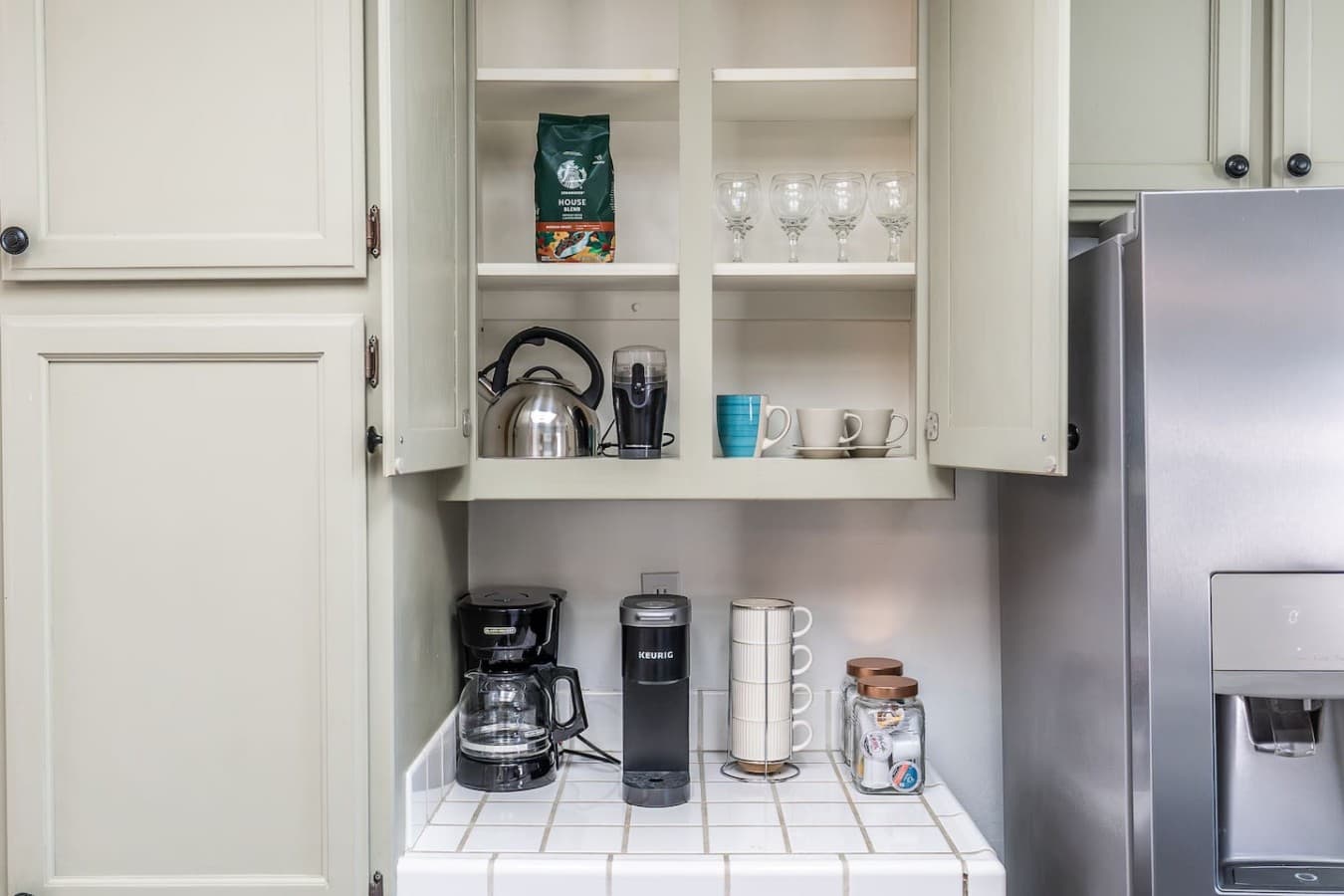 Coffee station stocked with everything you need for your morning routine.