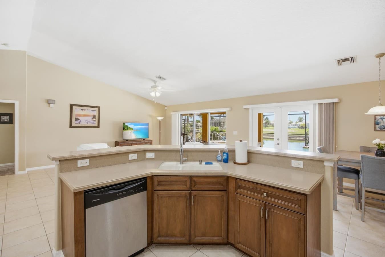 Functional kitchen overlooking the living and dining areas for easy entertaining.