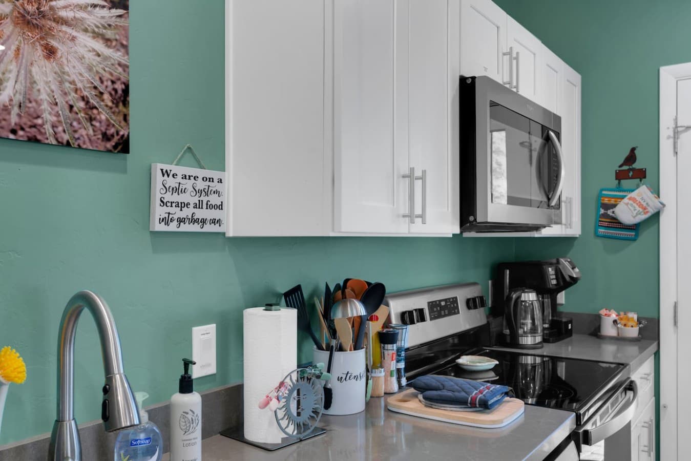 Bright kitchen details with coffee essentials and thoughtful touches throughout.