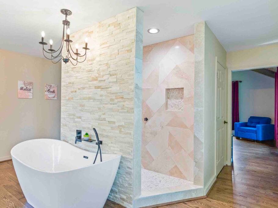 Master soaking tub and walkthrough shower 